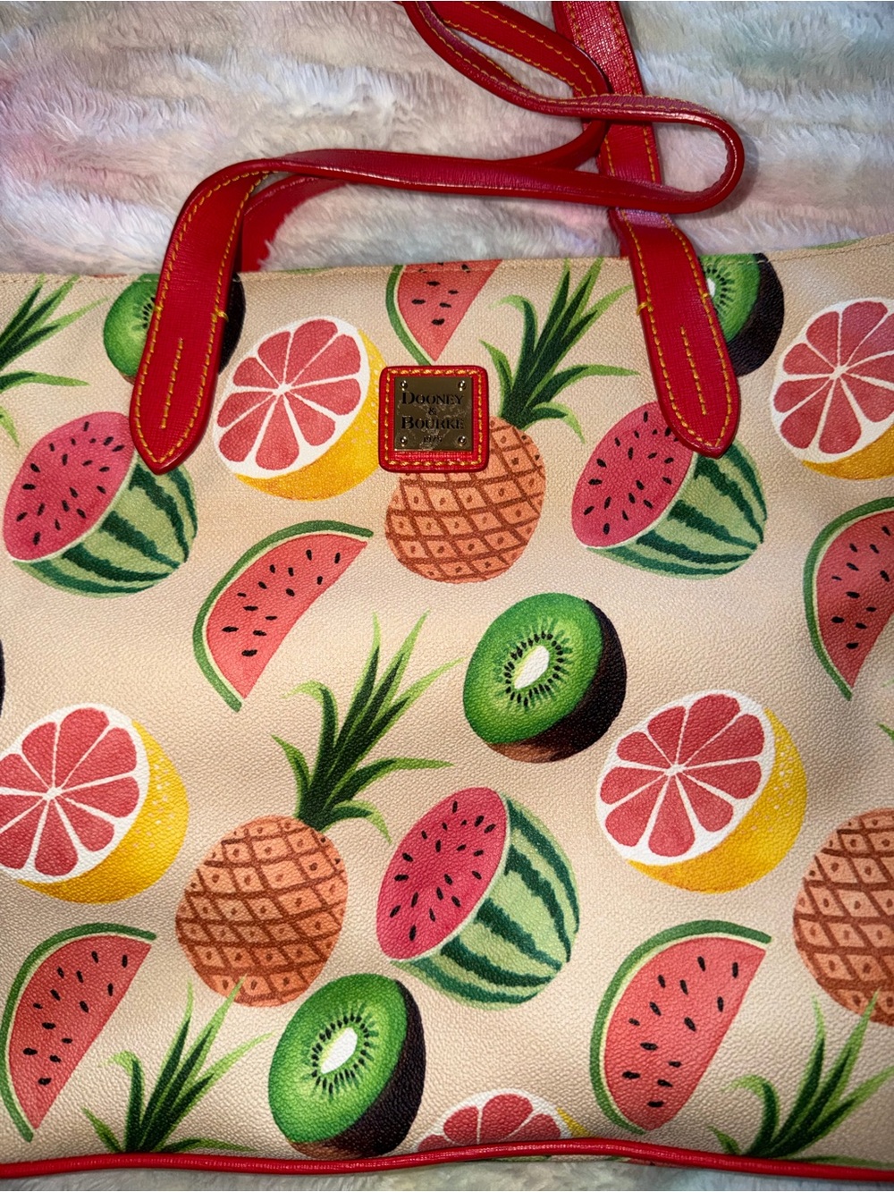 Dooney & Bourke Cream Tote with Red Trim and Multicolor Fruit Print